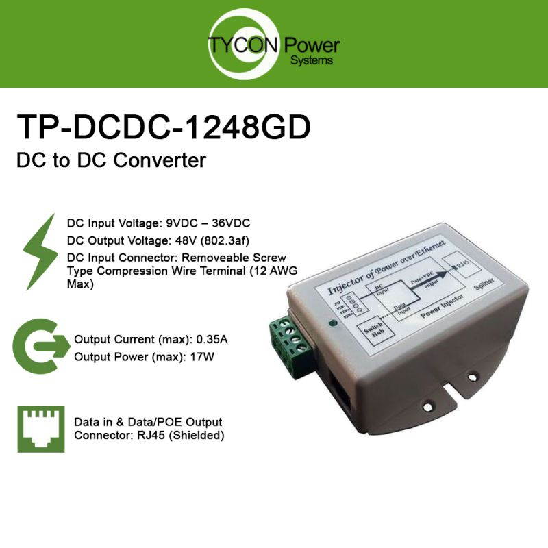Tycon Power P-DCDC-1248GD Gigabit 9-36VDC In 48VDC 802.3af Out 17W DCDC