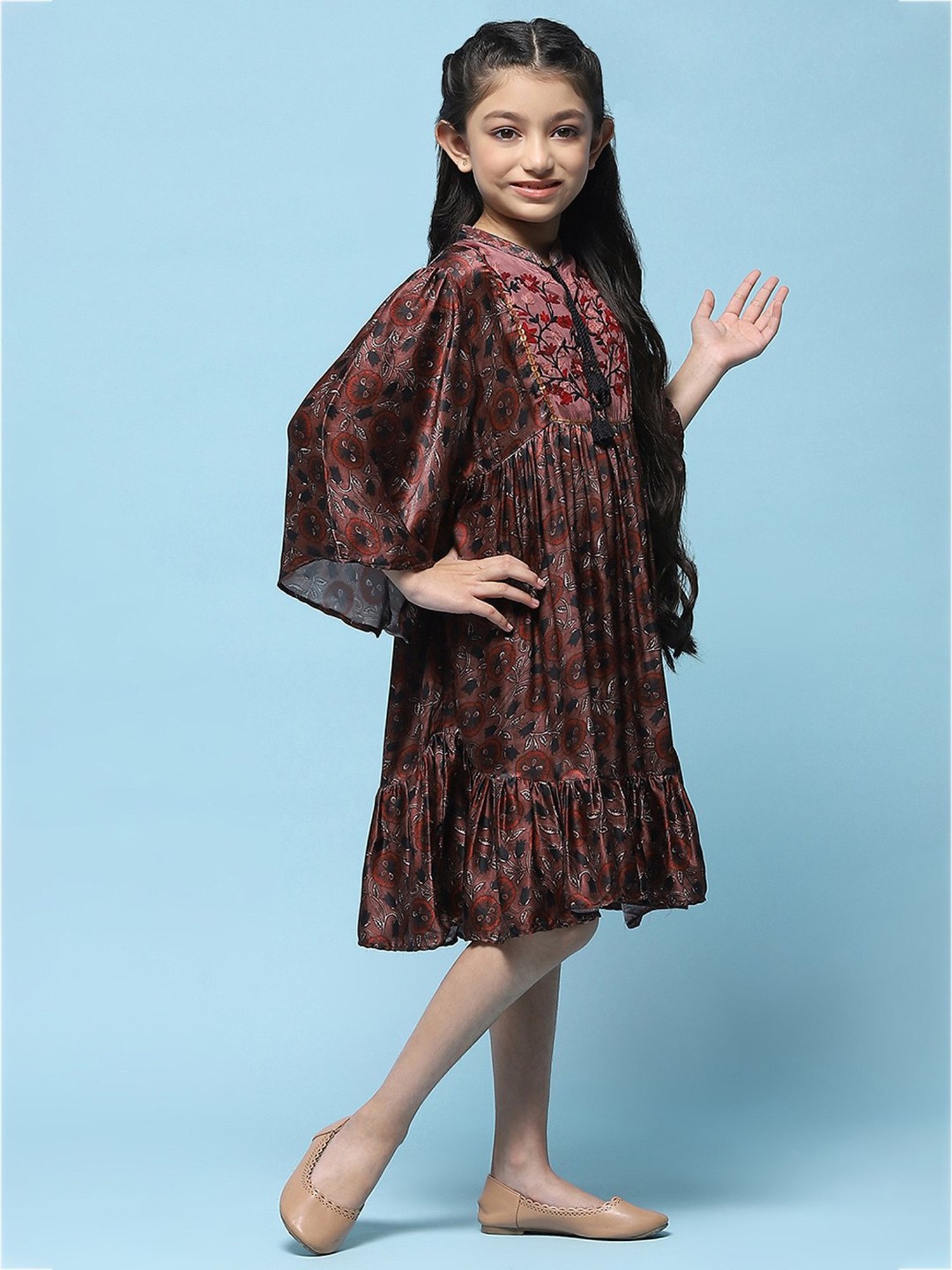 BIBA Girls Brown Embroidered Dress