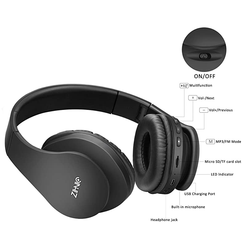 Bluetooth Headphones Over-Ear with Deep Bass, Foldable and Wired Stereo Headset Buit in Mic for Cell Phone, PC,TV, PC,Light Weight for Prolonged Wearing (Black)