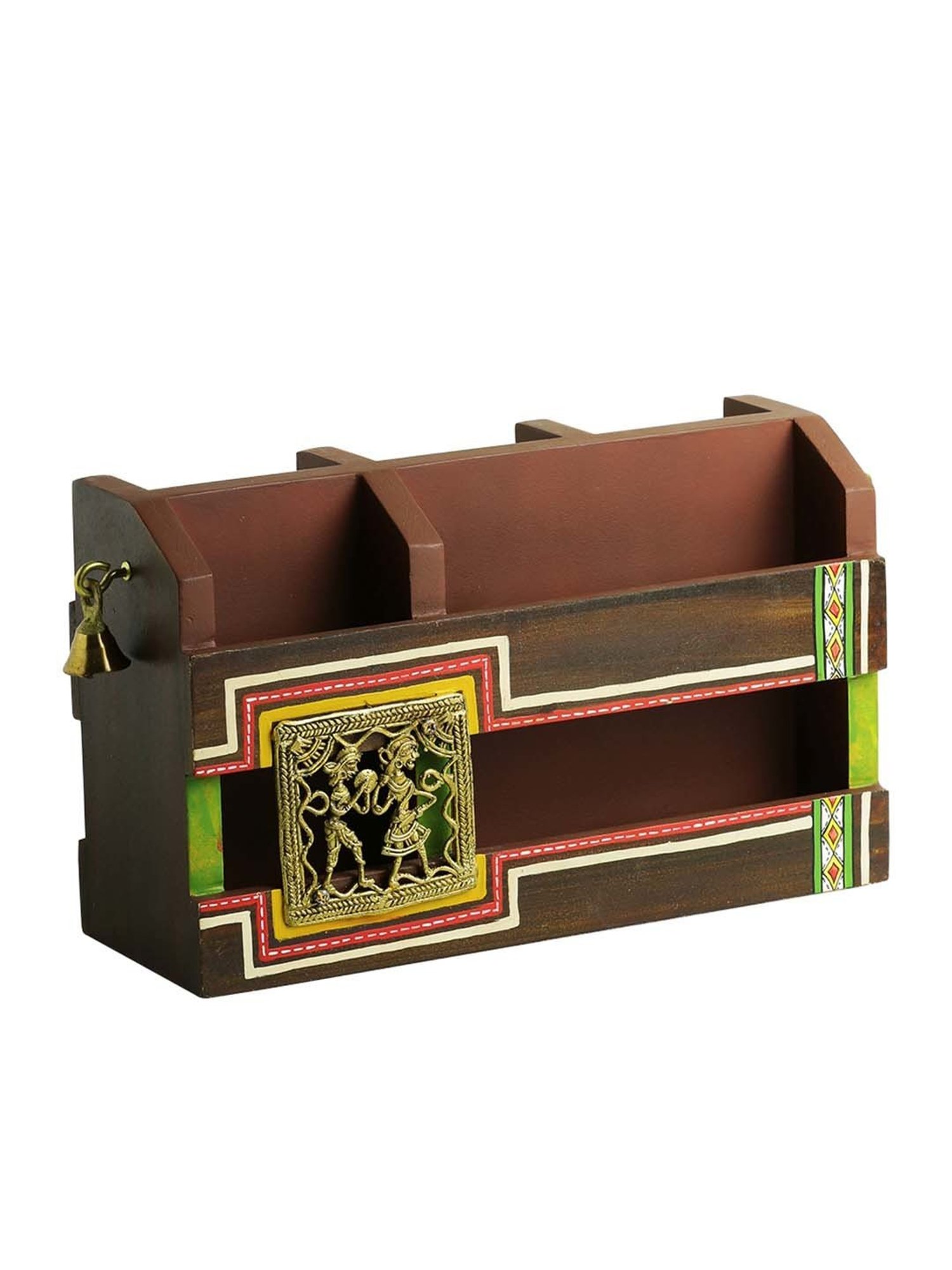 ExclusiveLane 'Dhokr-A-Rrange' Brown Pinewood Table Organiser With Brass Figurines - Set of 1