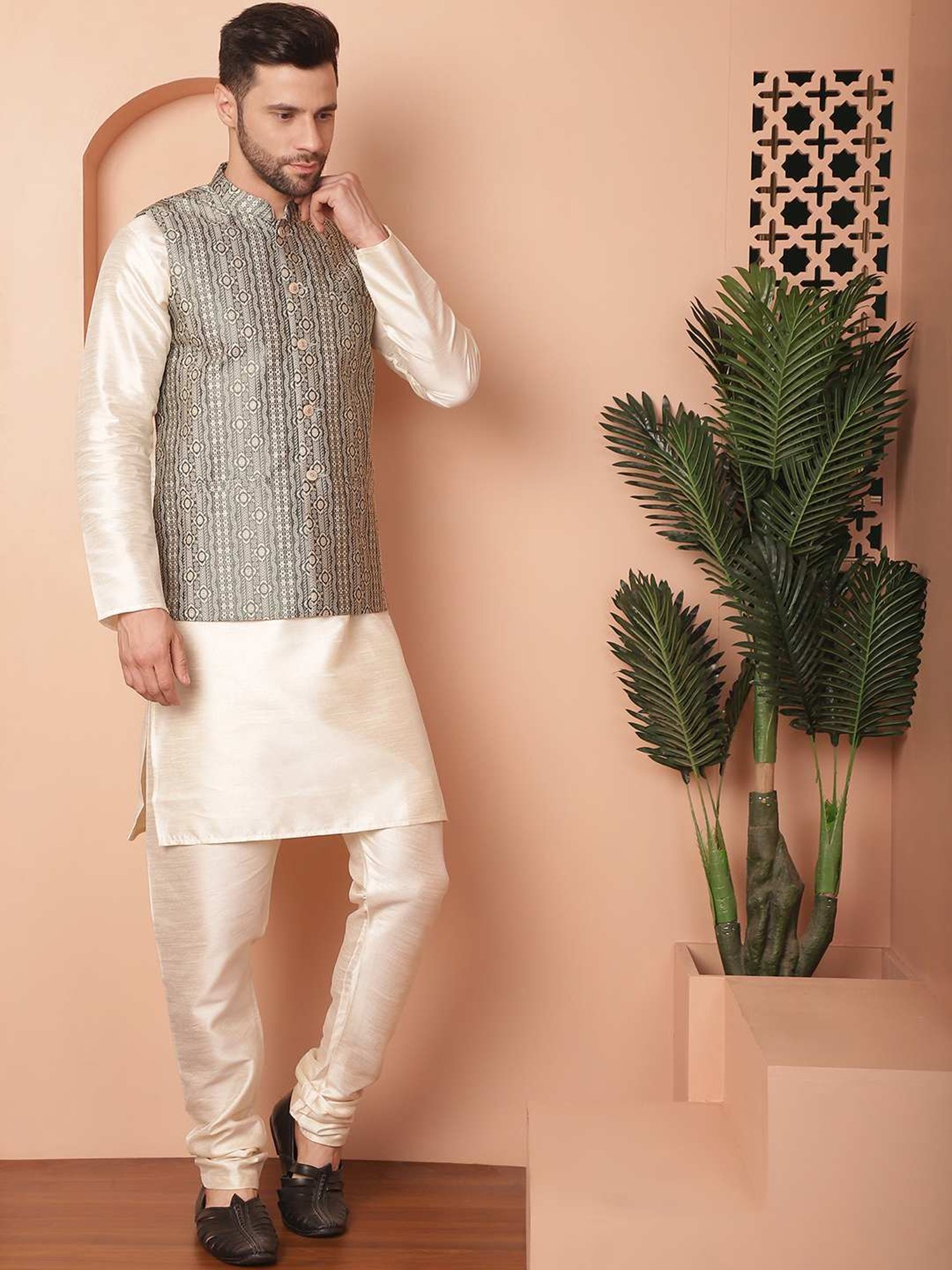 Jompers Green Regular Fit Printed Nehru Jacket