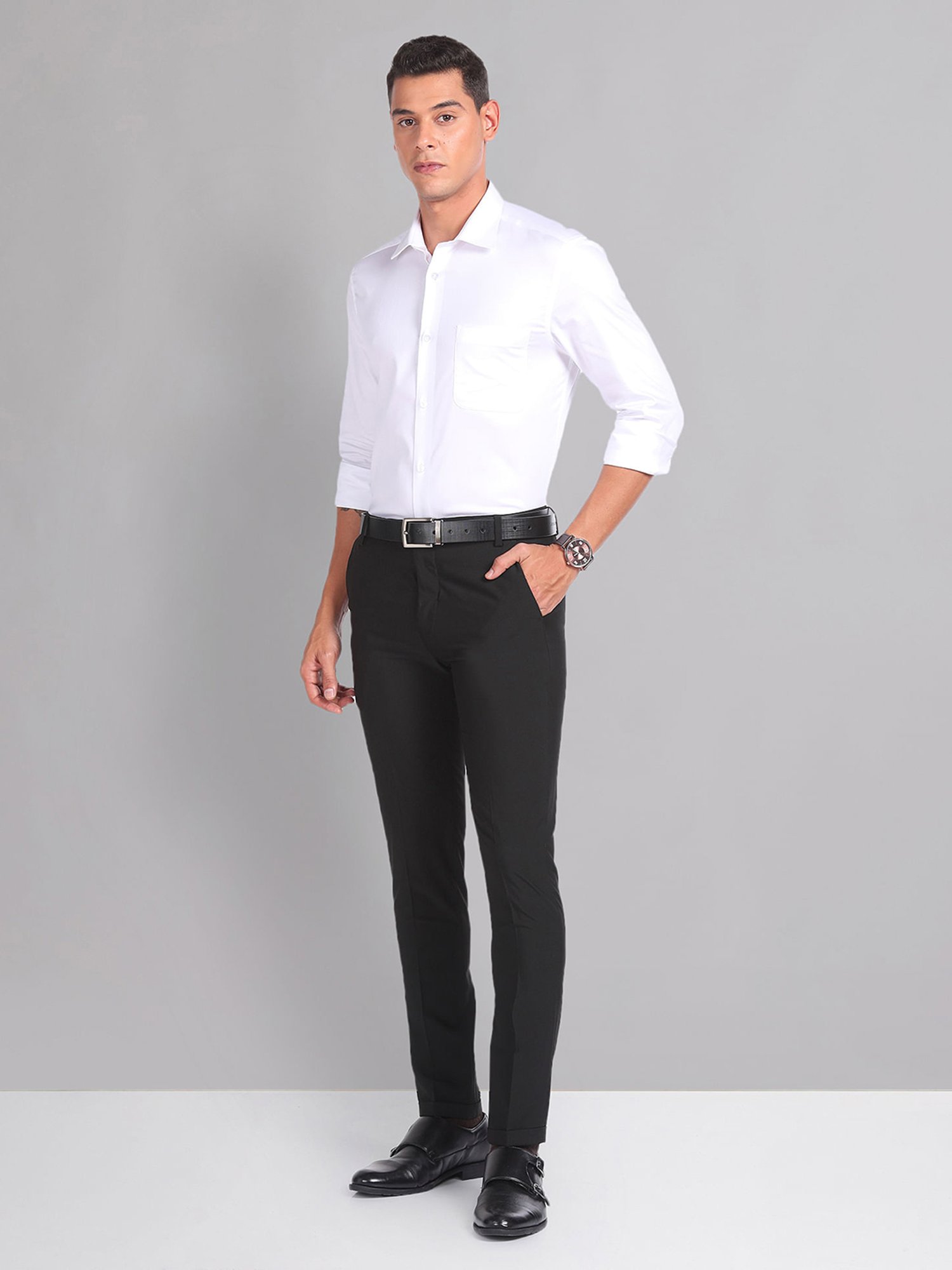 AD by Arvind Black Slim Fit Flat Front Trousers