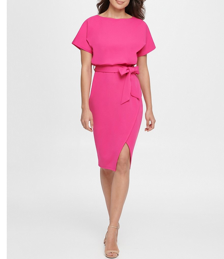 Kensie Textured Knit Boat Neck Tie Waist Short Sleeve Blouson Dress