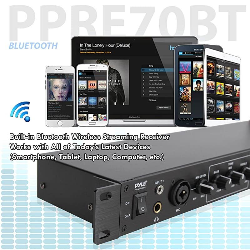 Rack Mount Studio PreAmplifier Audio Receiver System wDigital LCD Display Bluetooth FM Radio Recording Mode Remote Control USB Flash or SD Card Reader Input and Output Jack PPRE70BT