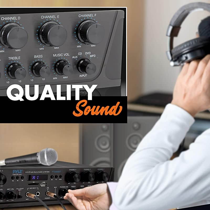 Wireless Home Audio Amplifier System Bluetooth Compatible Sound Stereo Receiver Amp 6 Channel 600Watt Power Digital LCD Headphone Jack 14 Microphone IN USB SD AUX RCA FM Radio  PTA66BT