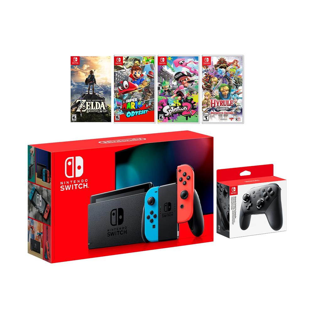 2019 New Nintendo Switch Must-Play Bundle, 32GB Neon Red/Blue Joy-Con Console Set, Pro Controller, The Legend of Zelda: Breath of the Wild, Super Mario Odyssey, Splatoon 2, Hyrule Warriors