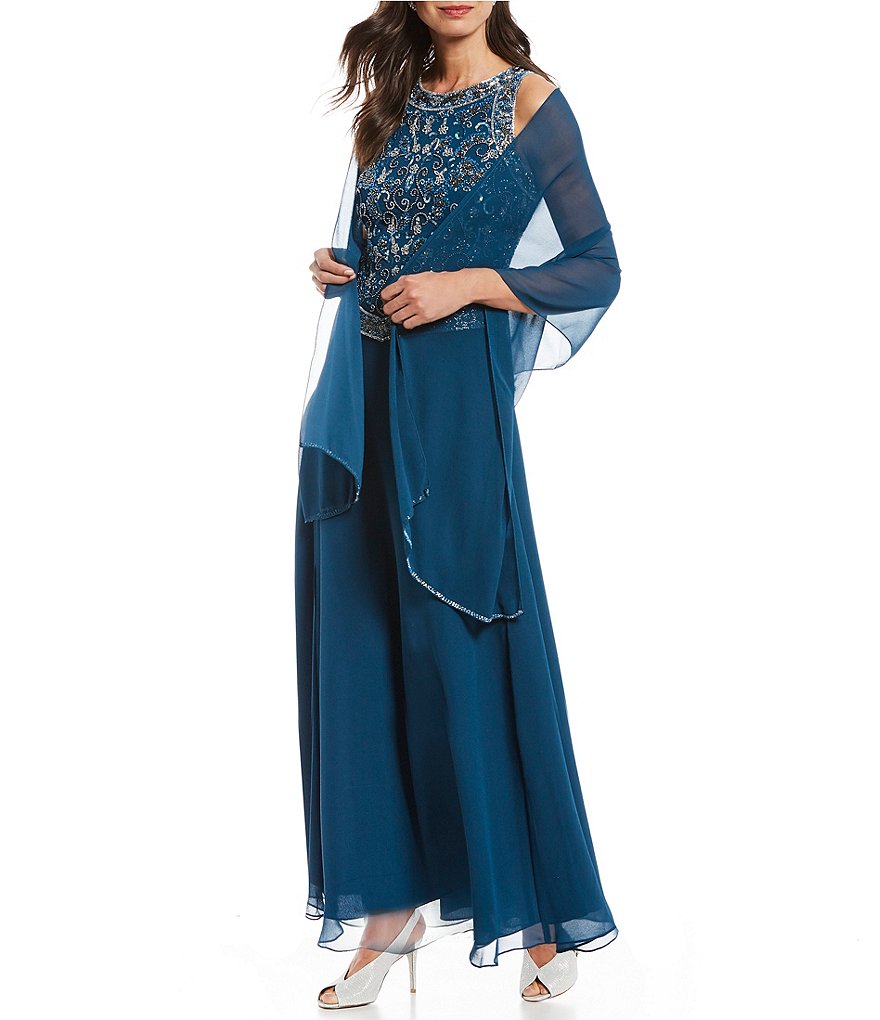 Jkara Petite Size Sleeveless Beaded Bodice Long Gown