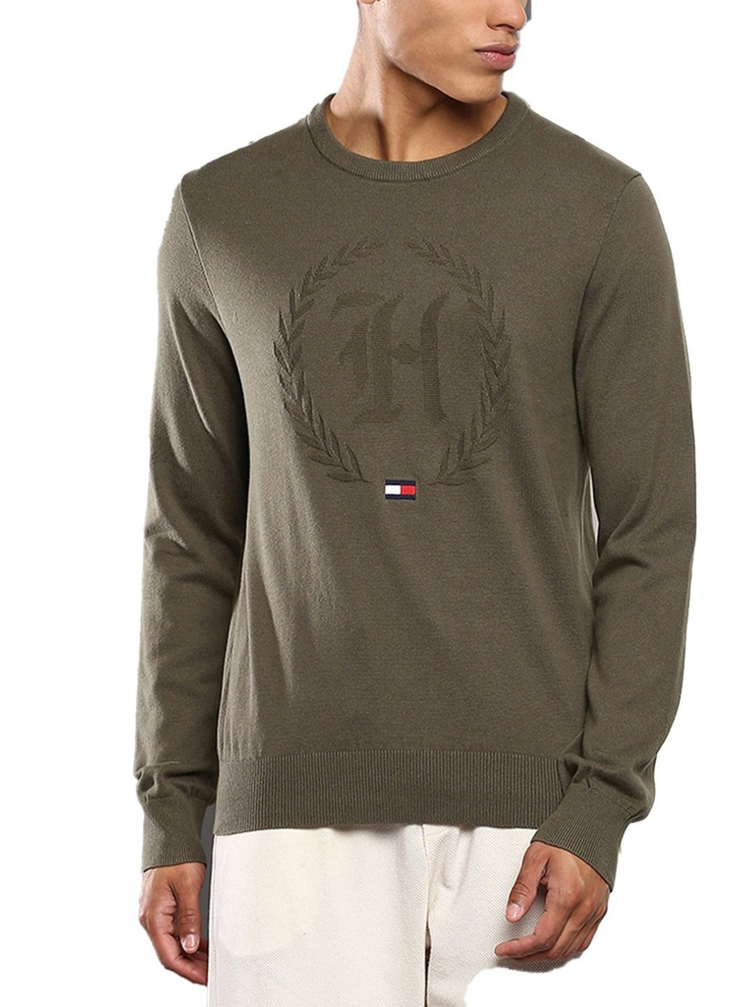 Tommy Hilfiger Army Green Cotton Regular Fit Logo Printed Sweaters