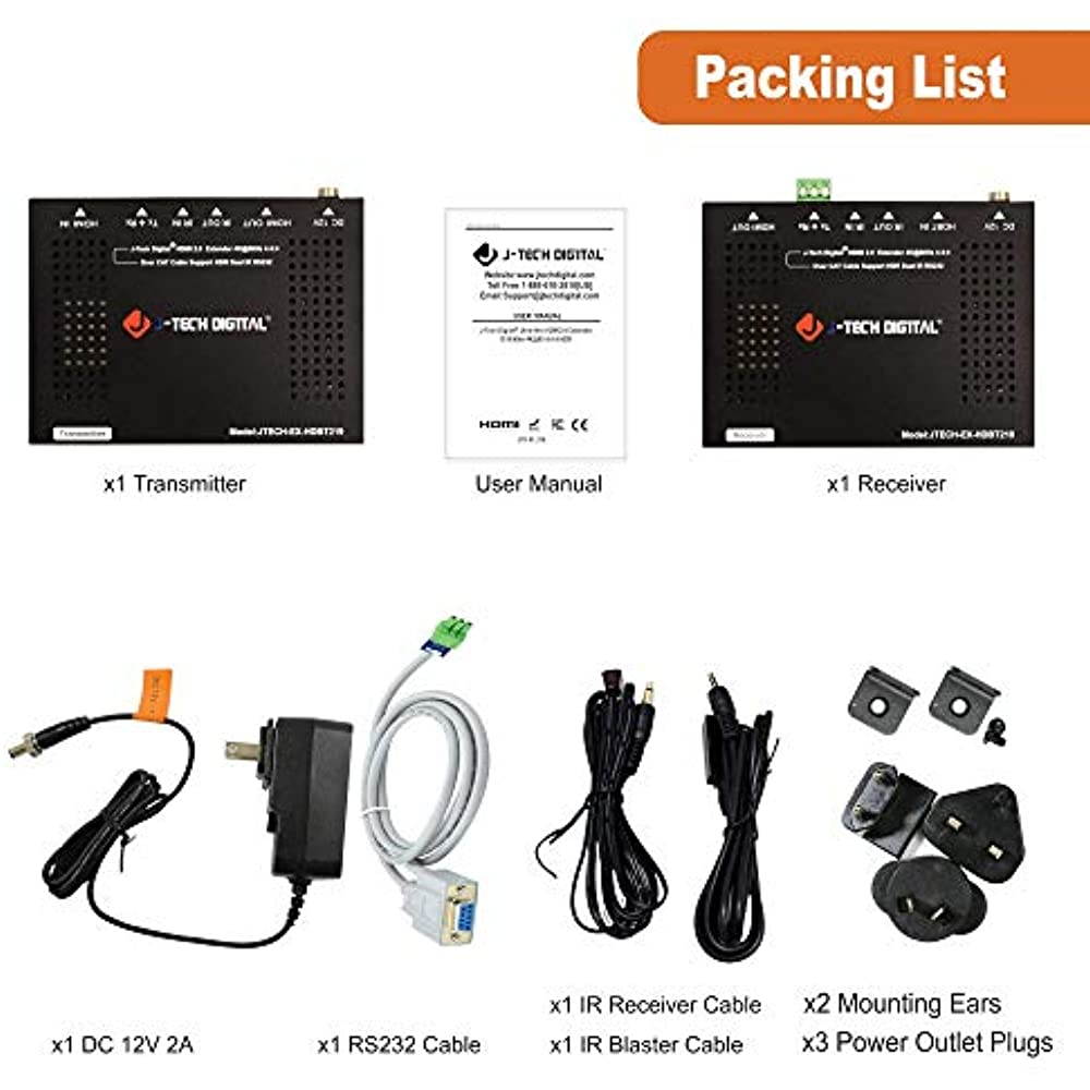 J-Tech Digital HDBaseT 4K@60HZ HDMI Extender 4K@60HZ 4:4:4, HDMI 2.0 Over Single Cable CAT5e/6A up to 230ft (1080P) 131ft(4K) Supports HDMI 2.0 18Gbps, HDR, HDCP 2.2, RS232, Bi-Directional IR