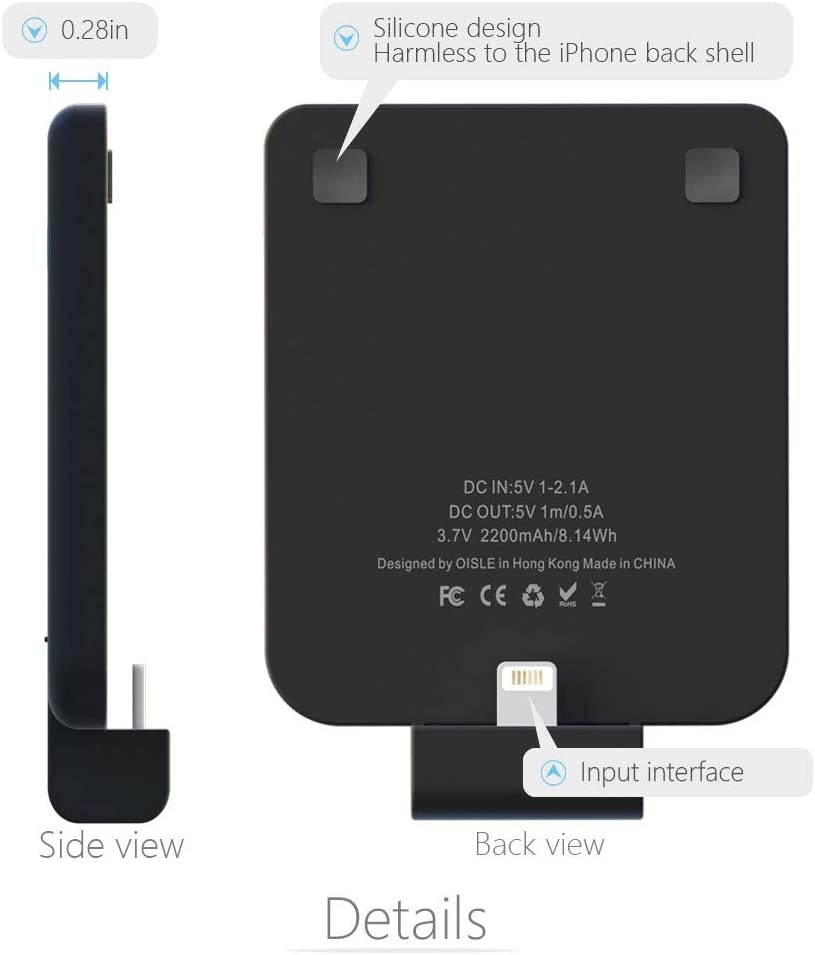 OISLE Portable Charger Mini Power Bank PowerCore 2200mAh Wireless External Backup Battery Pack for iPhone 12/12 mini/12pro/12pro Max 5(s)/6(s)/7(p)/8(p)/X -Black