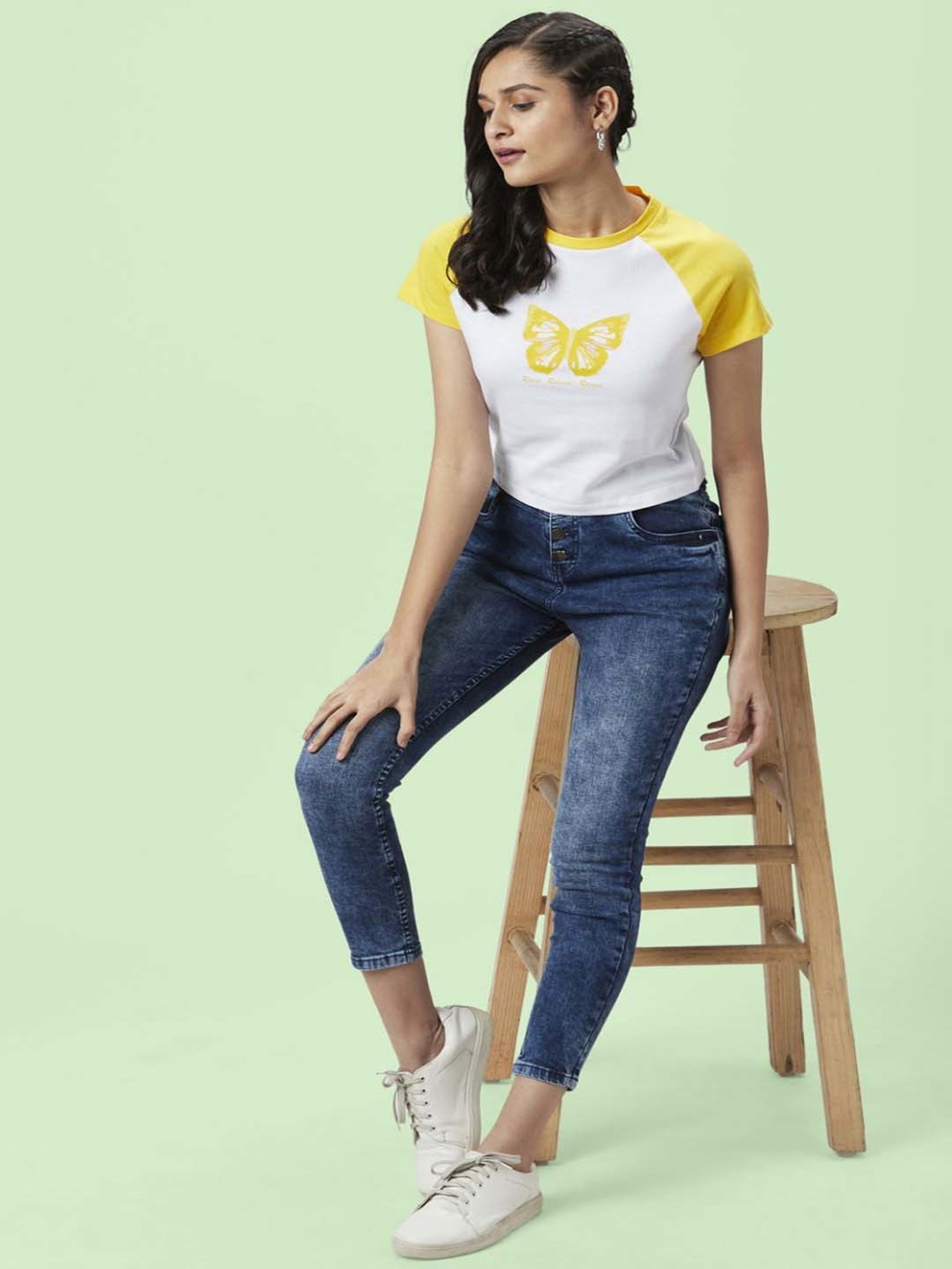 People by Pantaloons White Cotton Printed Crop T-Shirt