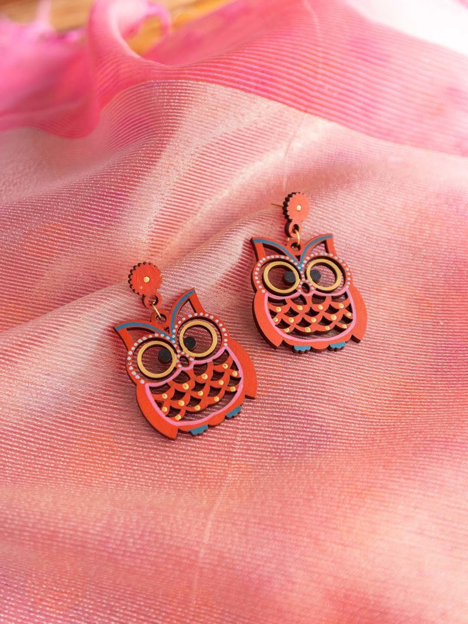 ExclusiveLane 'Symphony of Owls' Brick Red Handpainted Earrings in Recycled Earrings