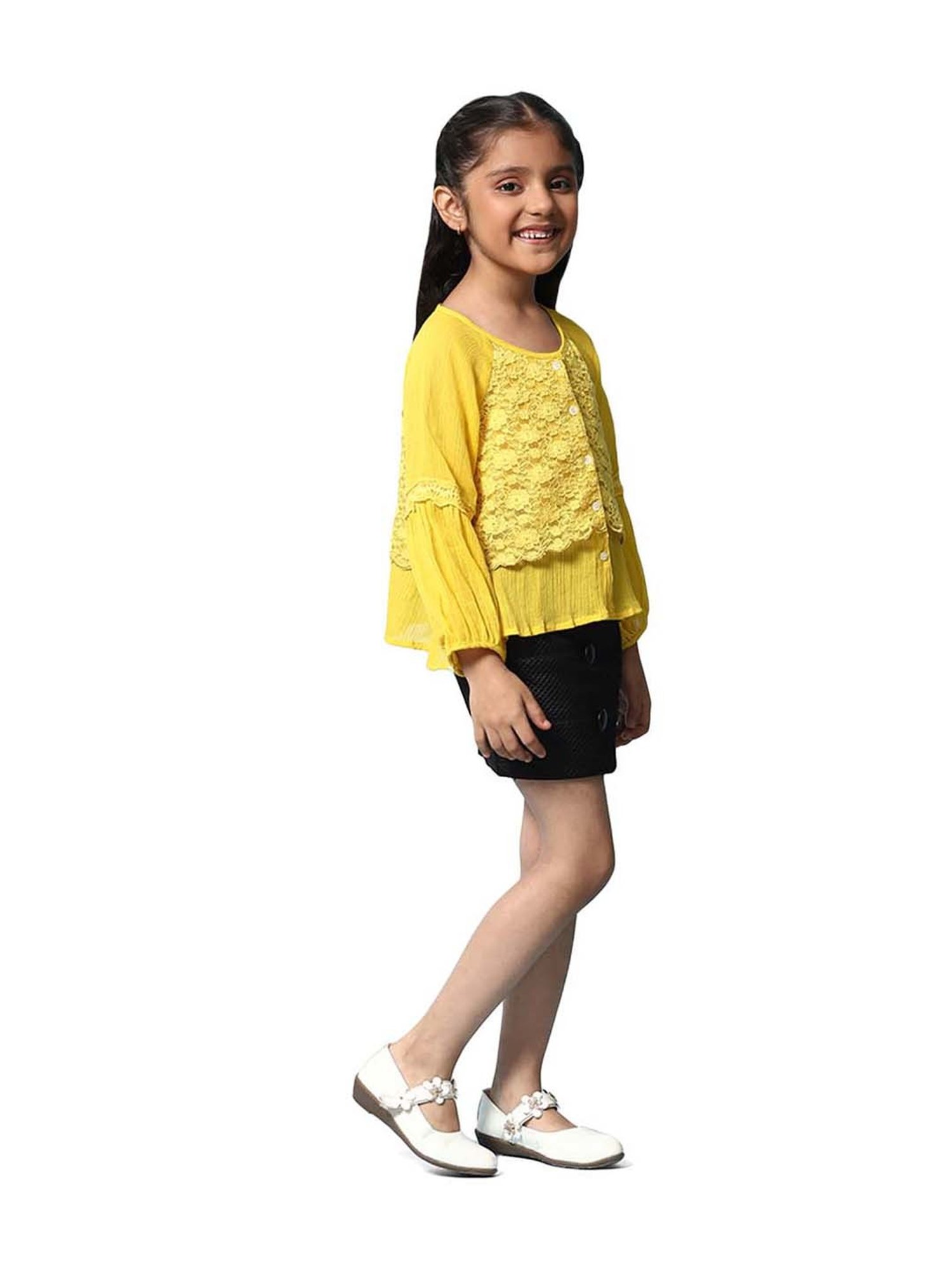 BIBA Girls Yellow Cotton Embroidered Full Sleeves Top