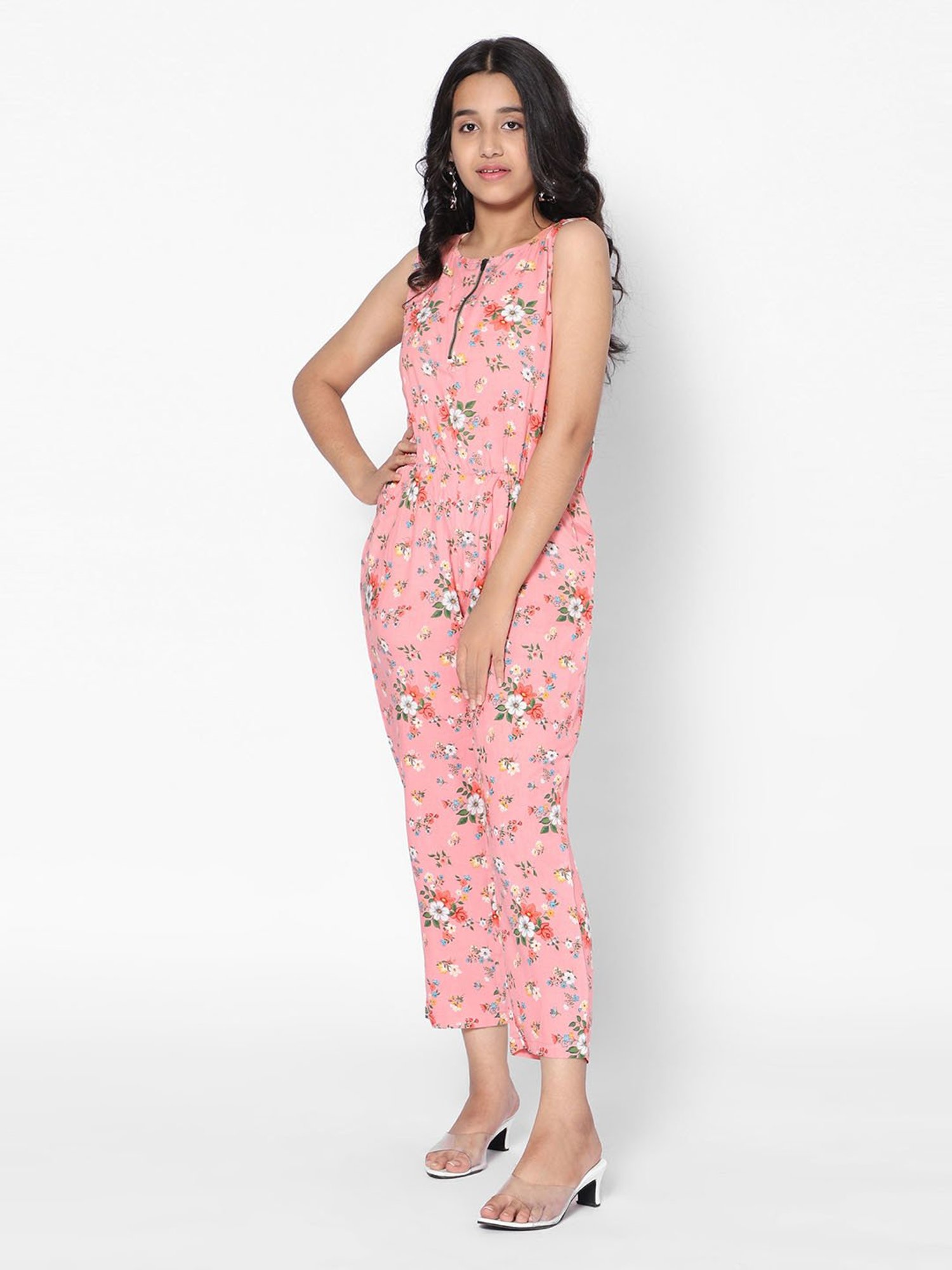 TeenTrums Girls Pink Floral Print Jumpsuit