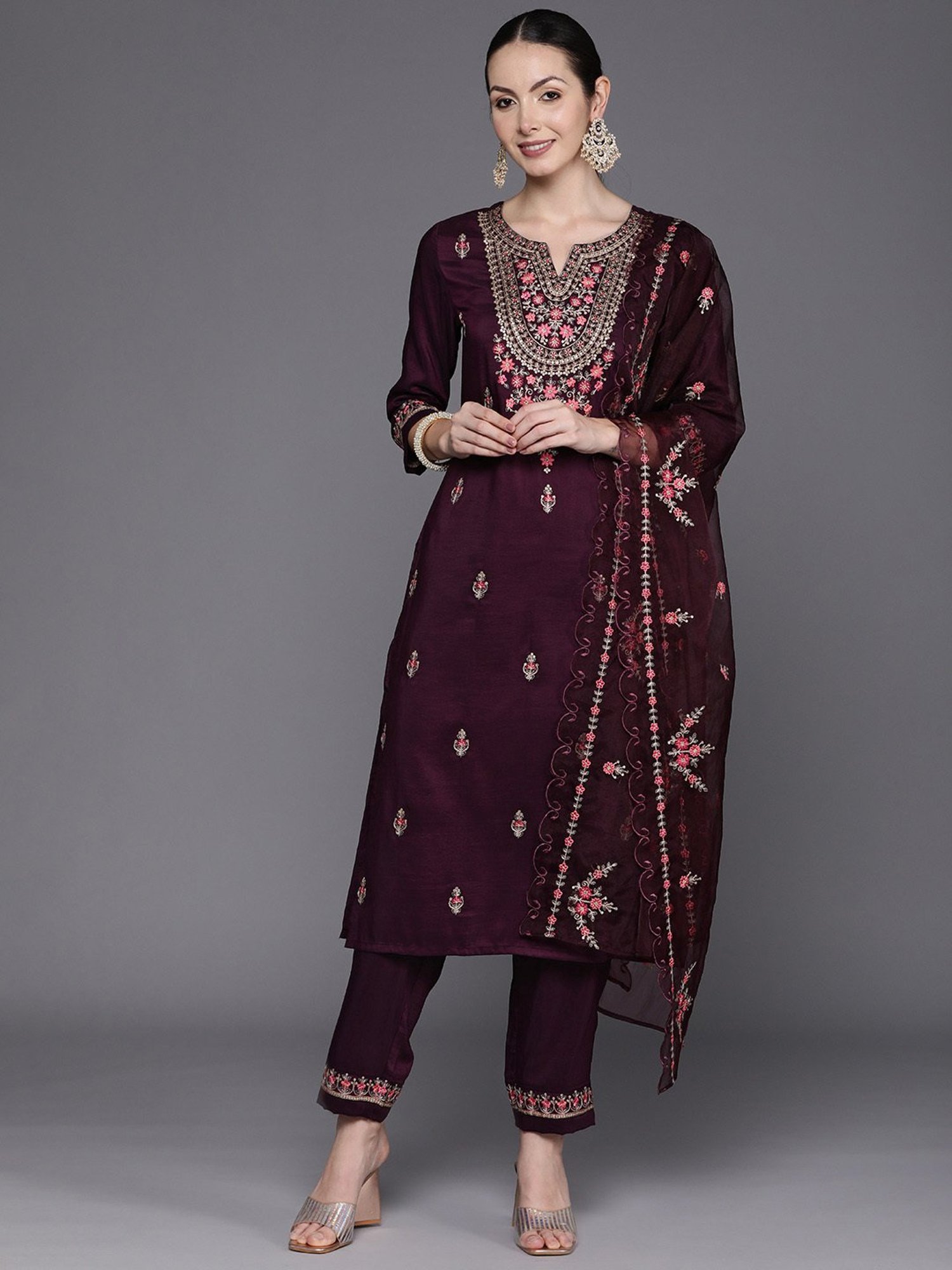 Indo Era Purple Embroidered Kurta Pant Set With Dupatta