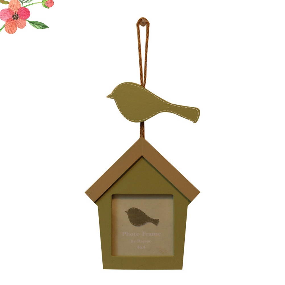 Sing Bird House Combination Photo Frame Hangable Wooden Photo Wall with String Decorative Green Picture Frame Gift Home Decor