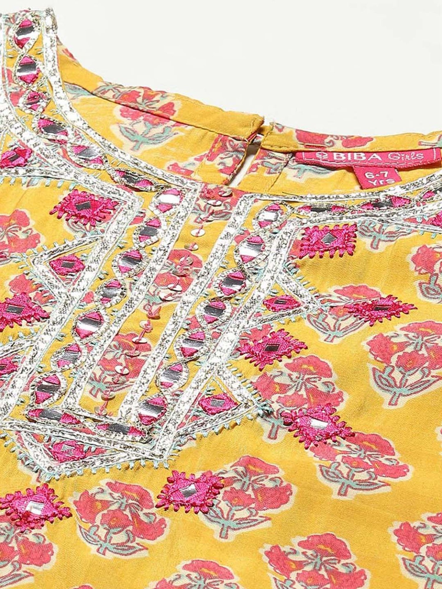 BIBA Girls Kids Yellow & Pink Floral Print Kurta Set
