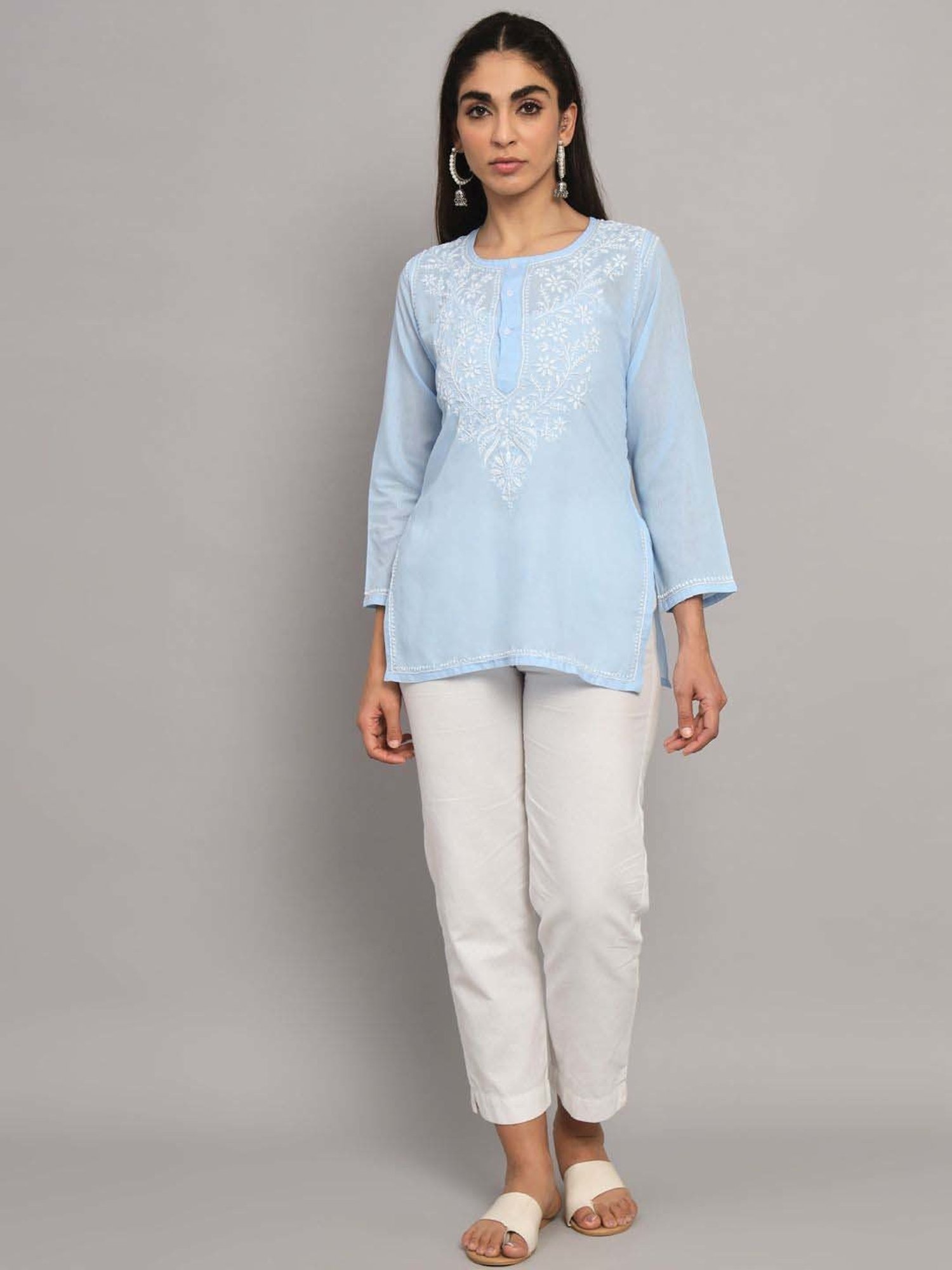 PARAMOUNT CHIKAN Powder Blue Cotton Chikankari Straight Kurti