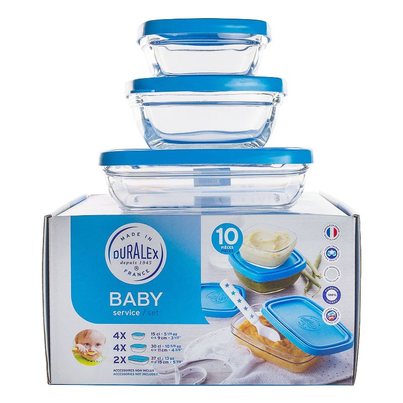 Duralex Lys 10 Piece Reusable Portable Baby Set Tempered Glass Bowl Storage Organizer Containers with Lids