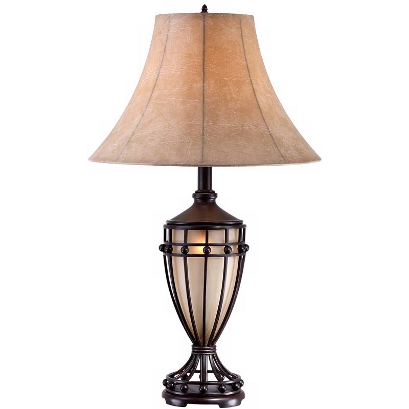 Franklin Iron Works Traditional Table Lamp with Nightlight Urn Dark Iron Bronze Beige Fabric Bell Shade for Living Room Bedroom