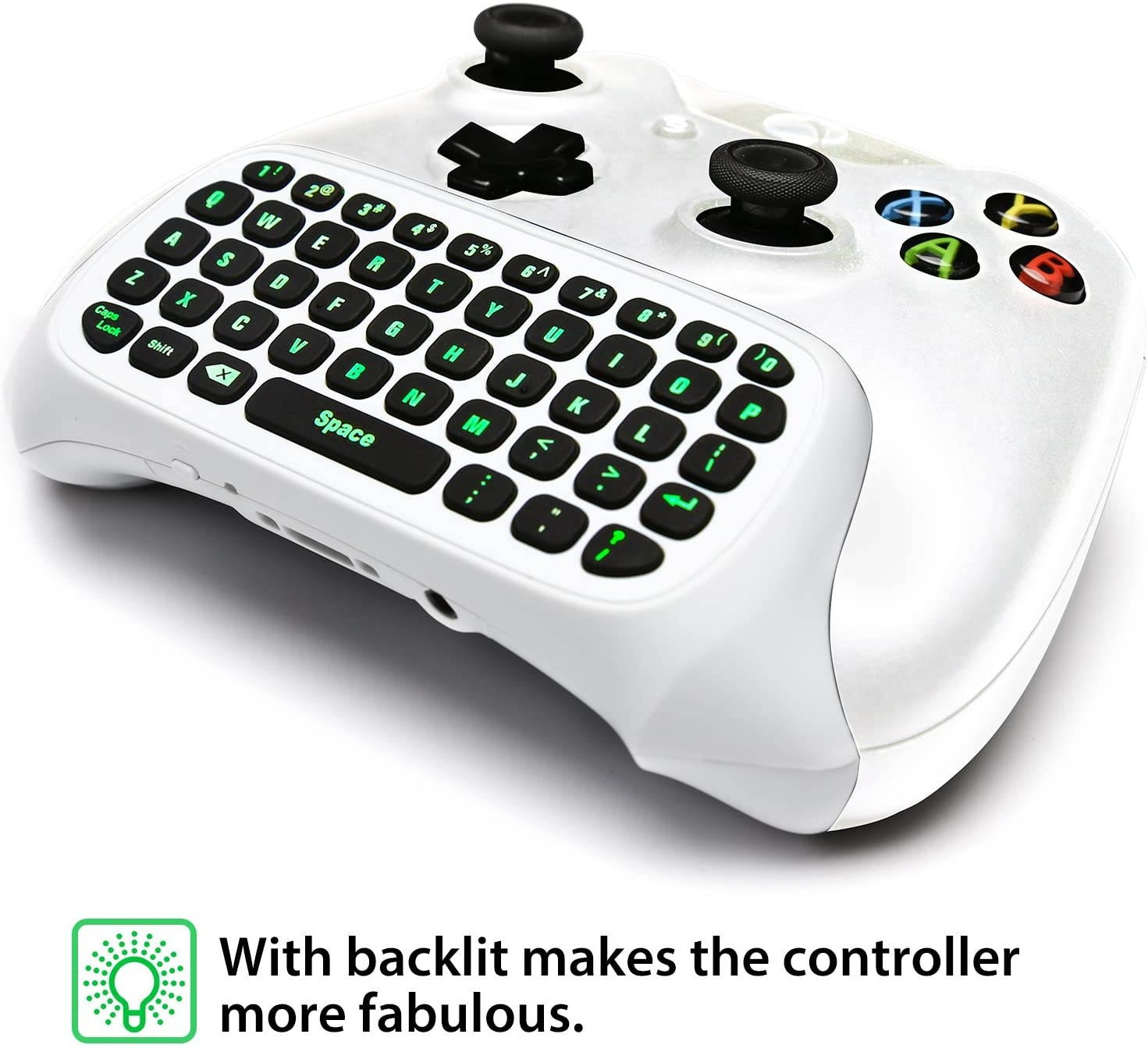 MoKo Xbox One Mini Green Backlight Keyboard, 2.4G Receiver Wireless Chatpad Message Game Keyboard Keypad, with Headset and Audio Jack, for Xbox One/Xbox One S/Xbox One Elite Controller, White
