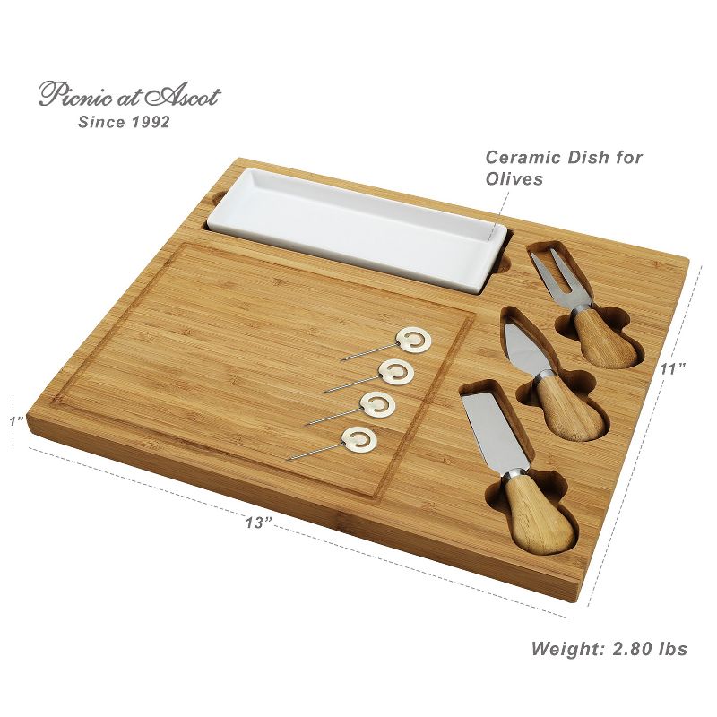 Picnic at Ascot Bamboo Cheese Board/Charcuterie Plate with 3 Stainless Steel Cheese Tools, Ceramic Dish, and Markers - Great Holiday Gift for Gourmets