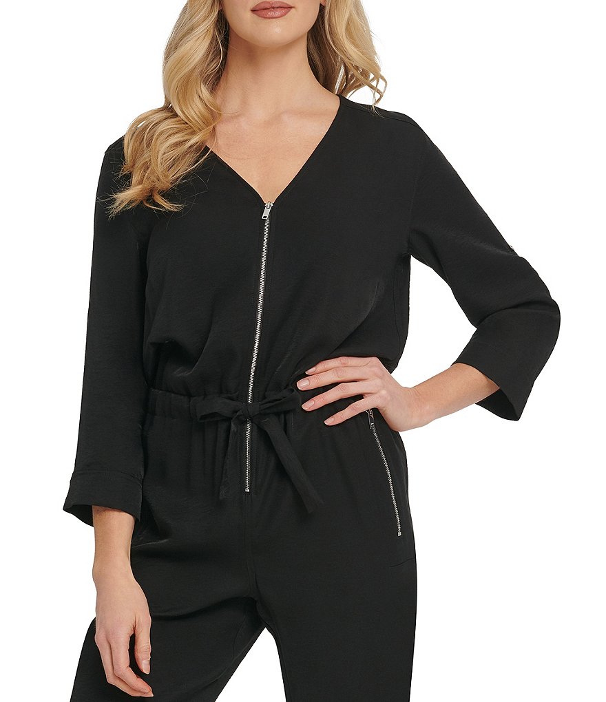 DKNY Washer Satin Twill V-Neck Zip Front Roll-Tab Sleeve Jumpsuit