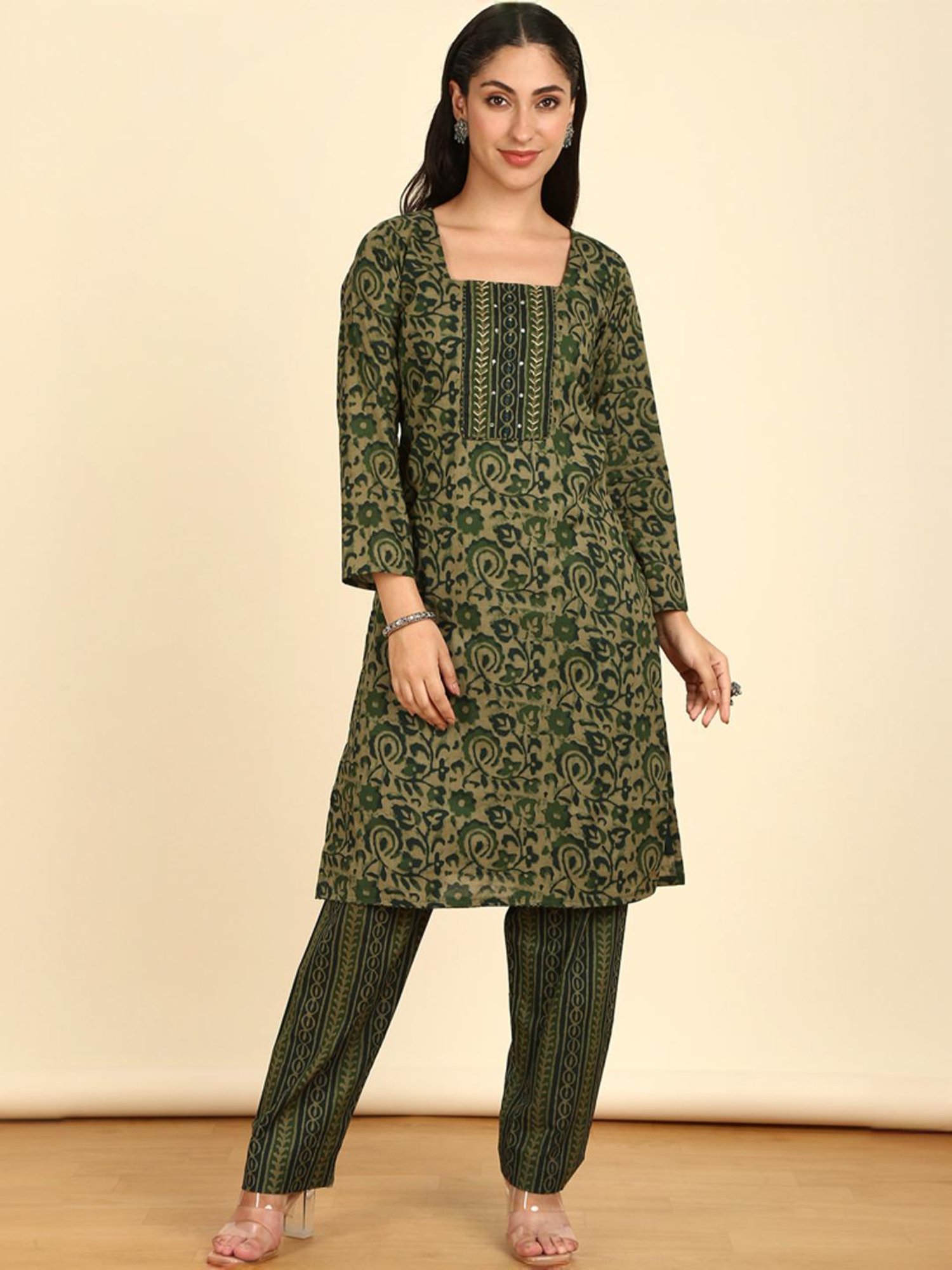 Soch Womens Olive Cotton Floral Print Unstitch Dress Material With Zari