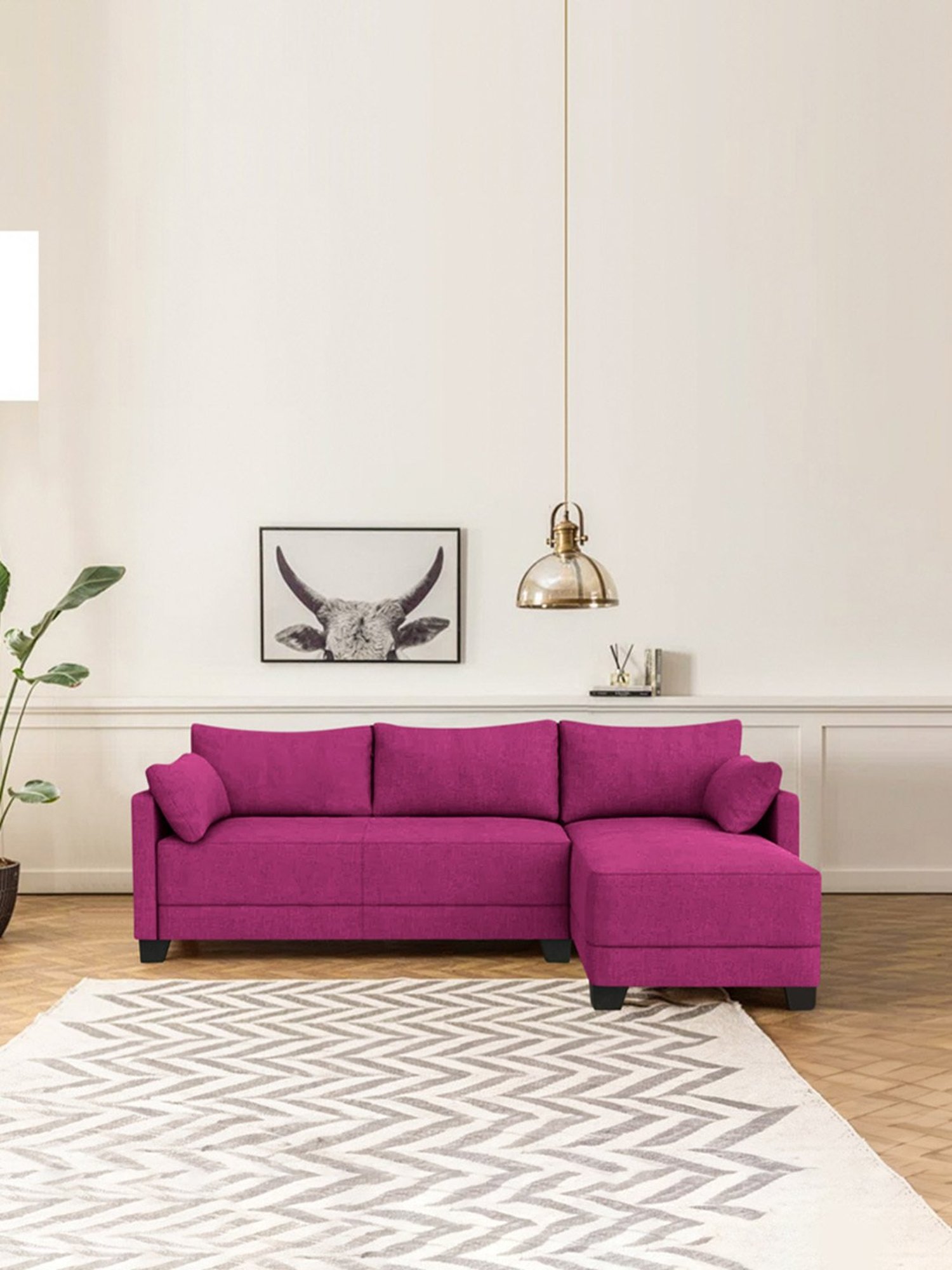 Trevi Duke Purple Fabric & Neem Wood 6 Seater RHS Sectional Sofa