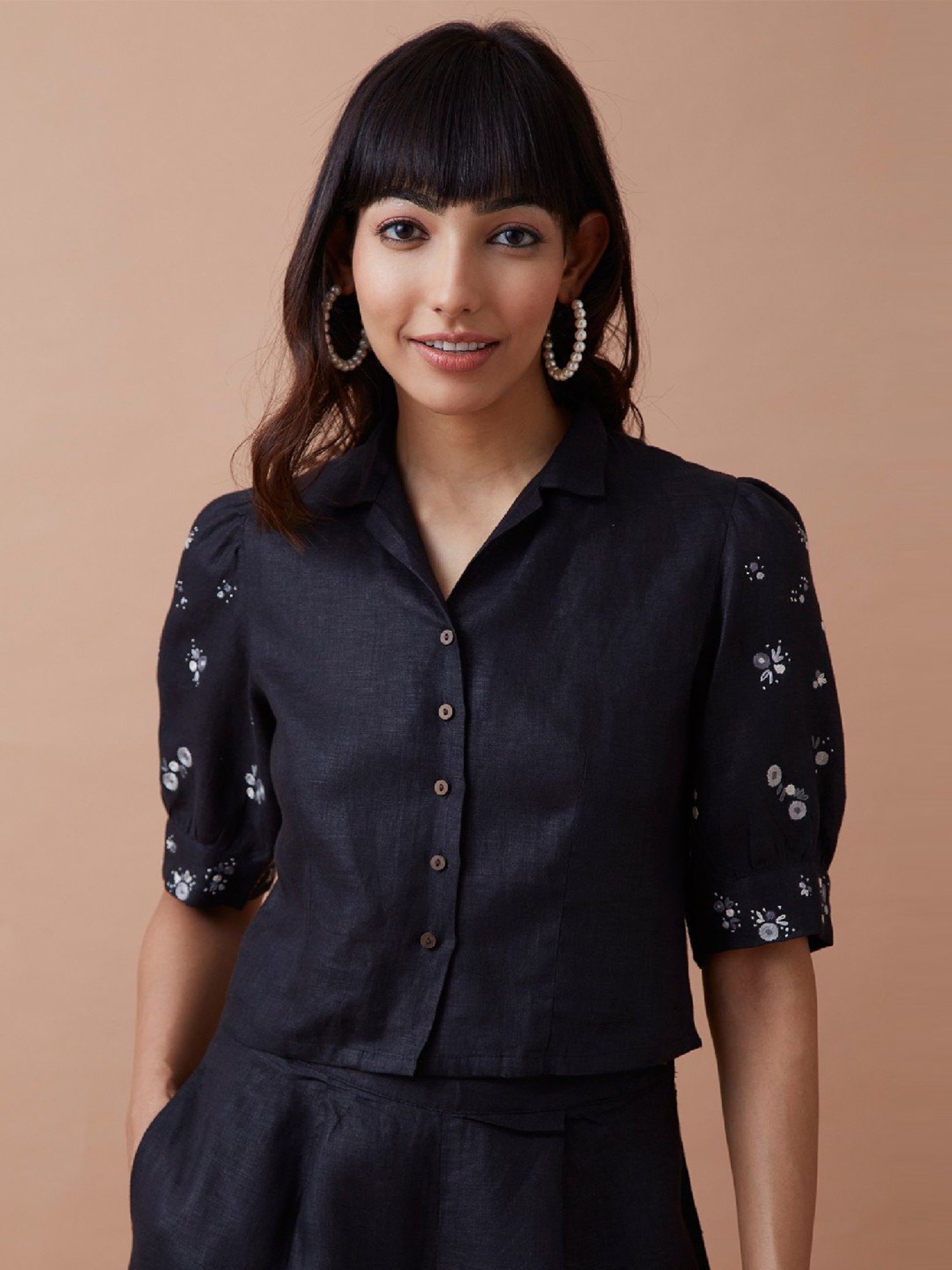 Okhai Mighty Black Linen Hand Embroidered Shirt