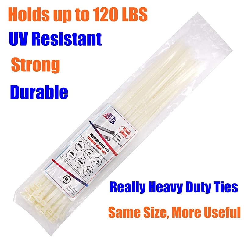 Wide 18 Inch Nylon Zip Cable Ties Clear Large 120LB Tensile StrengthHeavy Duty Industrial Durable Strong Cable Ties 50 Pack Indoor Outdoor Garden Ties Use18quot120LB White