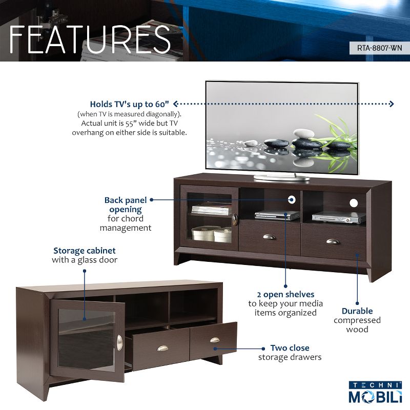 60" Modern TV Stand with Storage Brown - Techni Mobili