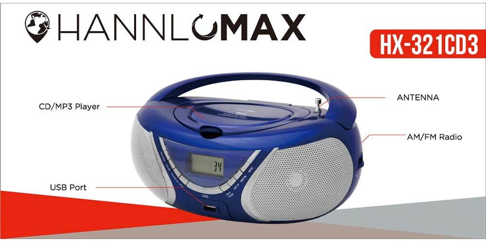 HANNLOMAX HX-321CD3 Portable CD/MP3 Boombox AM/FM Radio Bluetooth USB Port for MP3 Playback Aux-in (Blue)