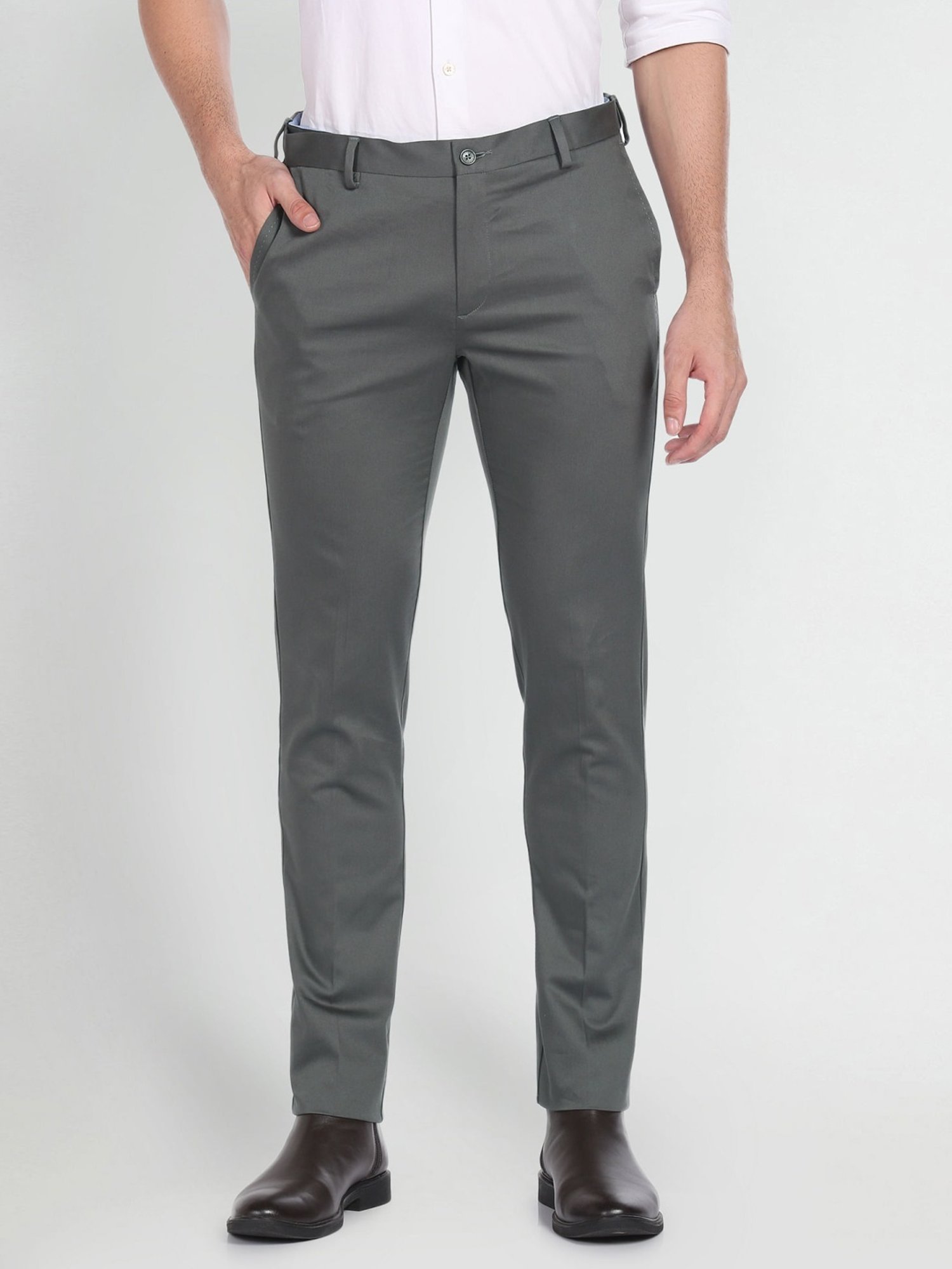 Arrow Green Cotton Slim Fit Trousers