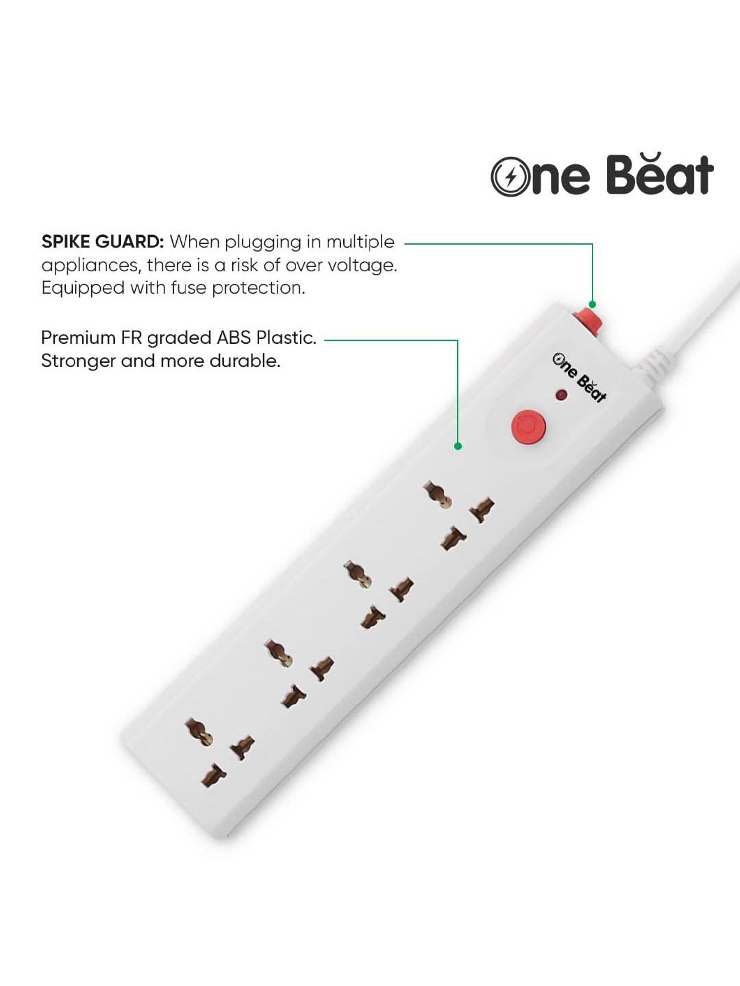 One Beat Extension 4 Universal Sockets, Power Load 10 AMP with 2 Mtr Cable (White)