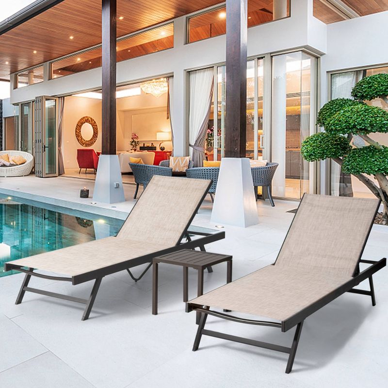 3pc Outdoor Aluminum Adjustable Lounge Chairs & Table - Beige - Crestlive Products