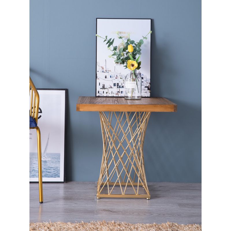 Bold Tones Modern Square Wood and Gold Metal Side Table