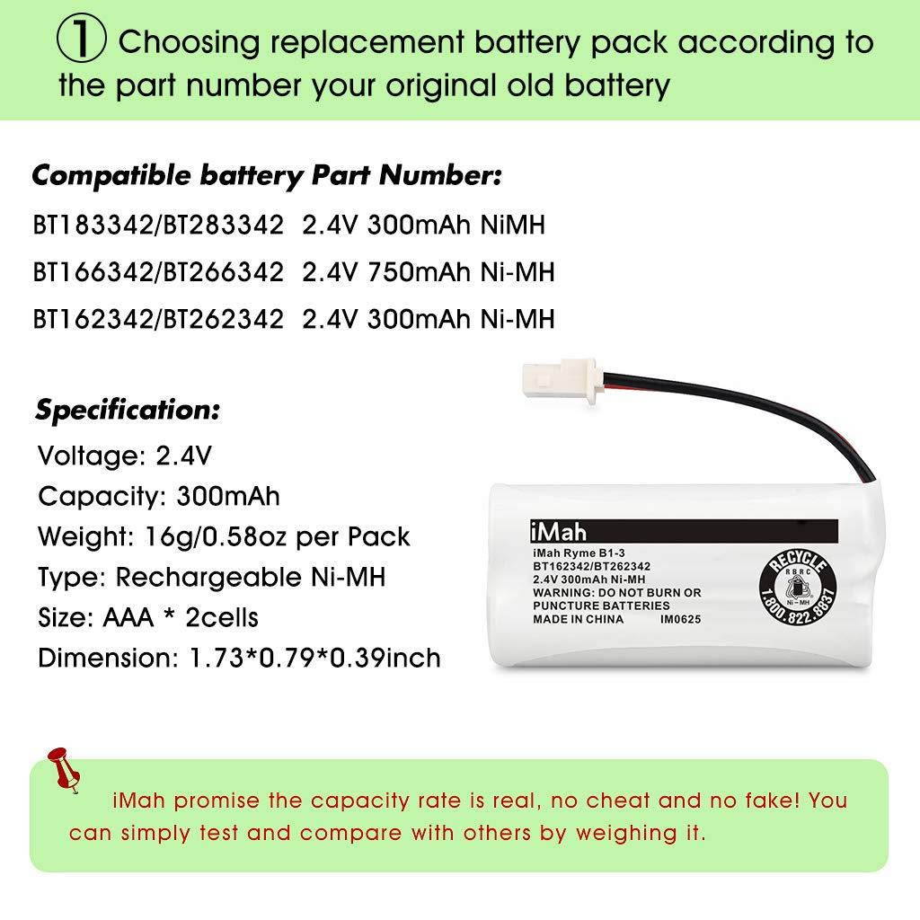 iMah BT162342/BT262342 2.4V 300mAh Ni-MH Cordless Phone Batteries Compatible with VTech CS6719 CS6114 CS6409 CS6419 CS6429 at&T CL80112 EL52300 EL52400 Handset Telephone, Pack of 4