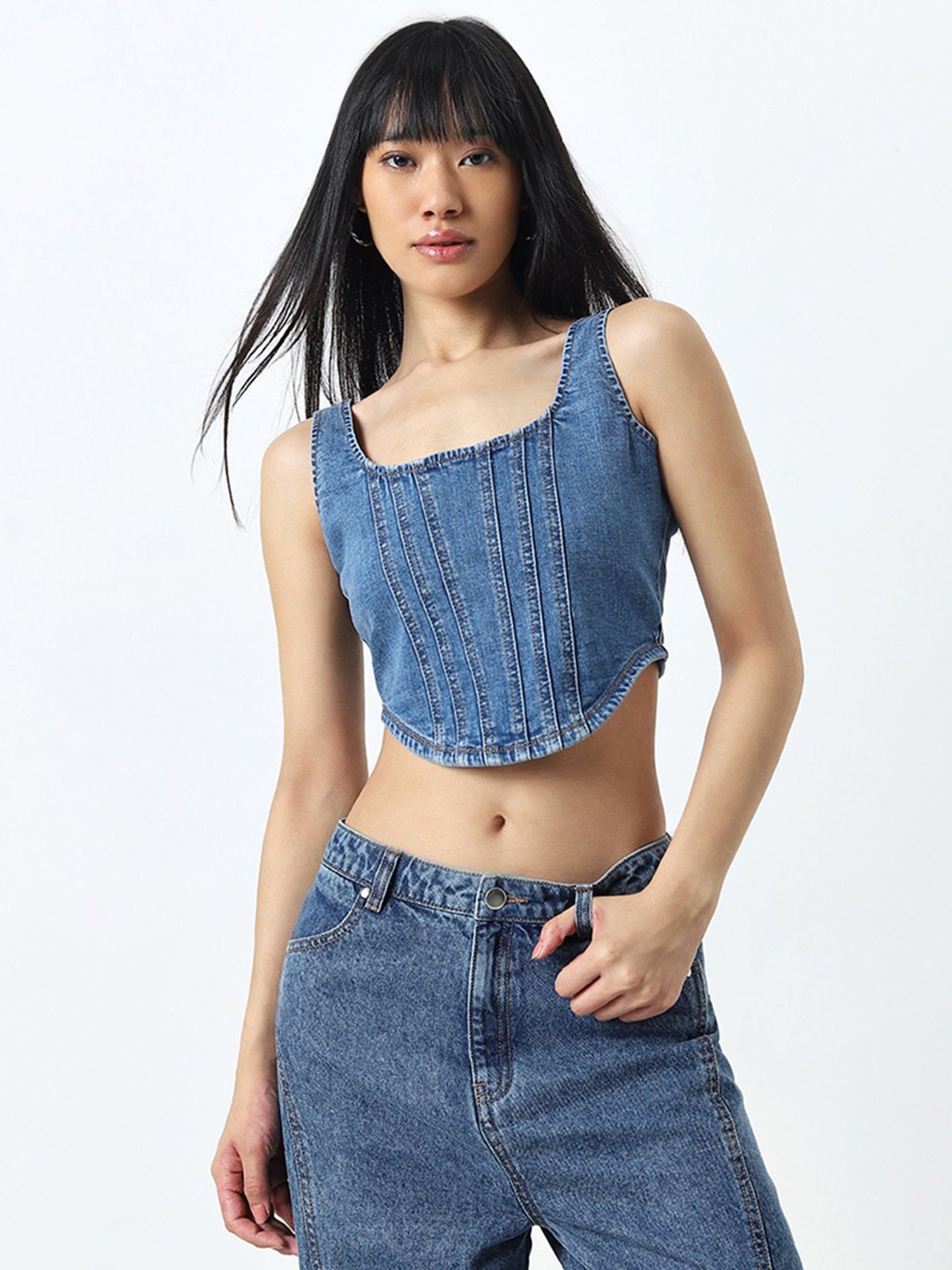 Nuon by Westside Blue Corset-Style Denim Crop Top