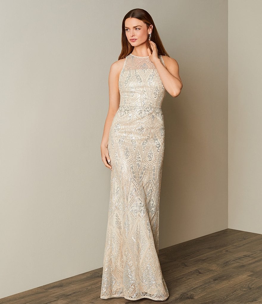 Adrianna Papell Metallic Sequin Crew Neck Sleeveless Mermaid Gown
