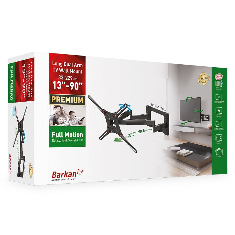 Barkan 13 - 90" Full Motion - 4 Movement Long Dual Arm Premium Flat / Curved TV Wall Mount Black
