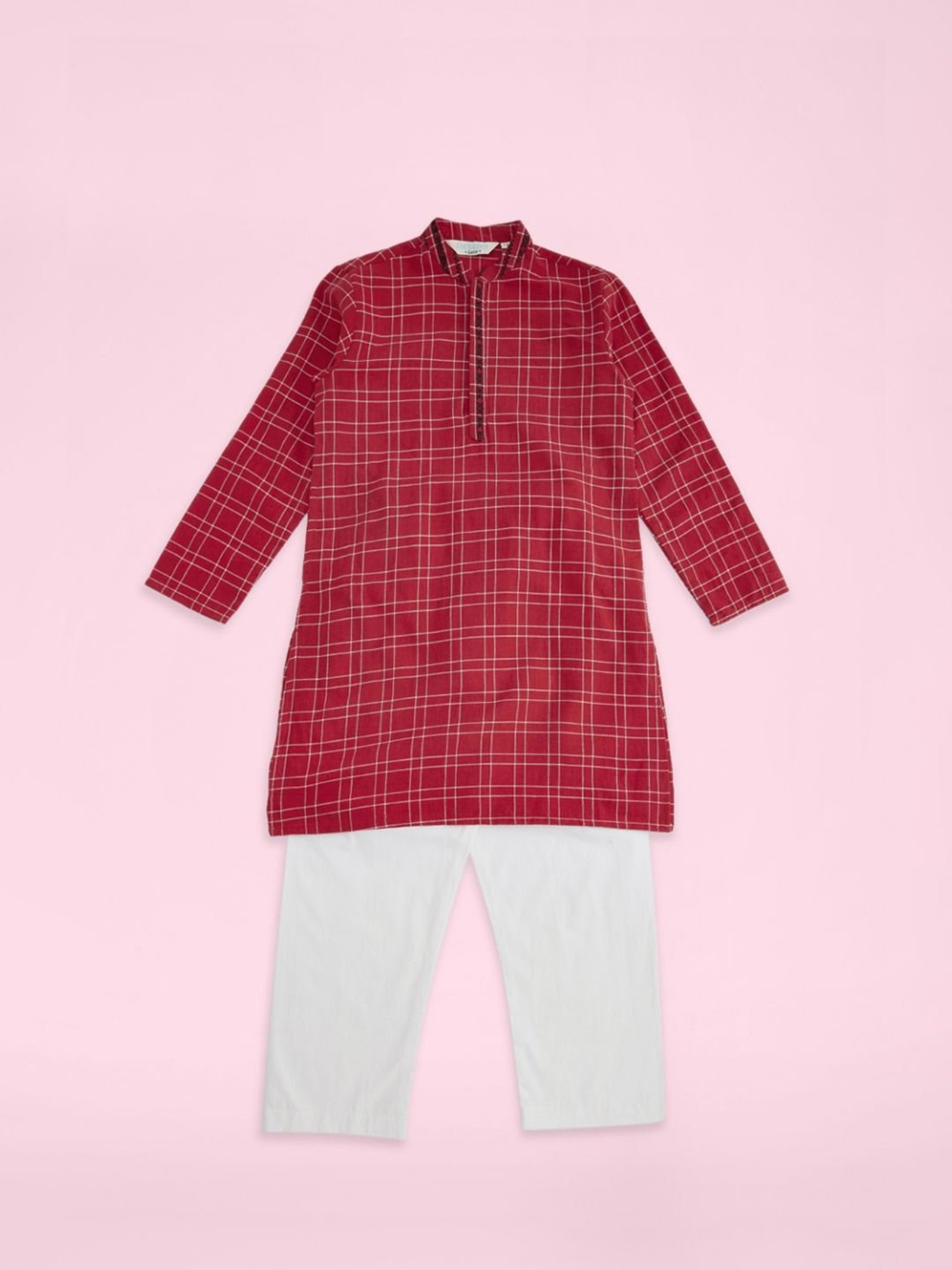 Indus Route by Pantaloons Kids Red & White Cotton Chequered Full Sleeves Kurta Set