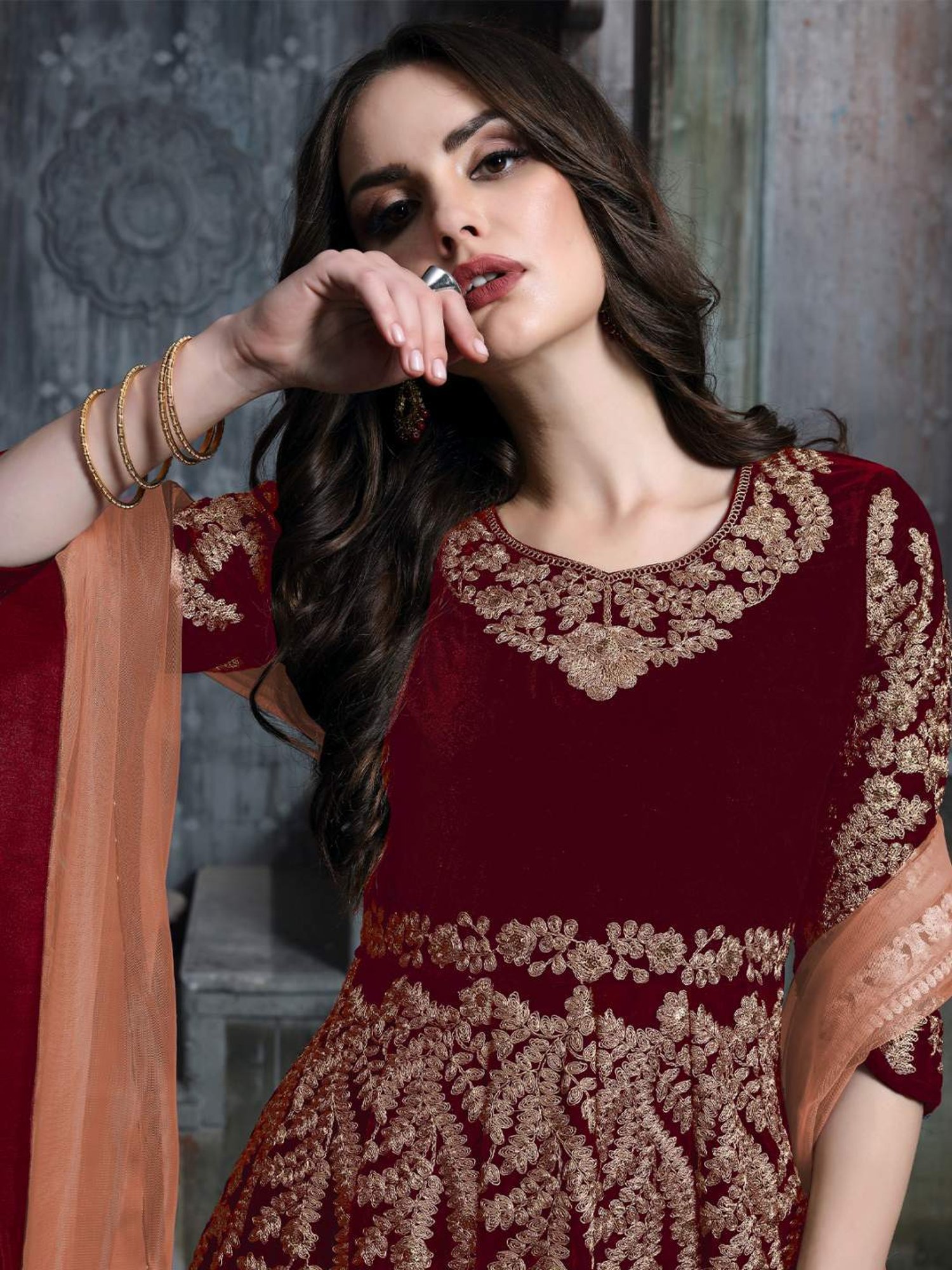 Odette Maroon Embroidered Unstitched Dress Material