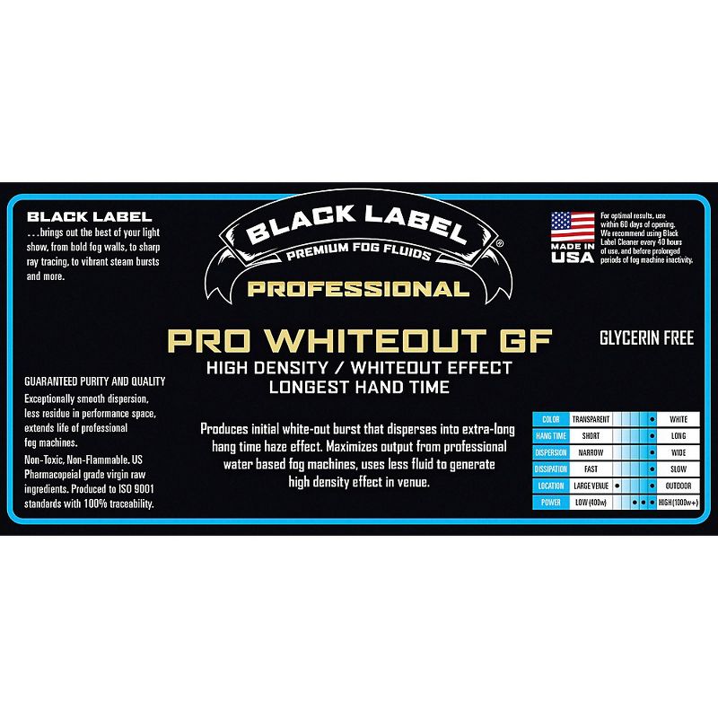 Black Label Pro Whiteout 5 gal. Heavy Density, White-Out Effect, Longest Hang Time, Glycerin Free Fog Fluid