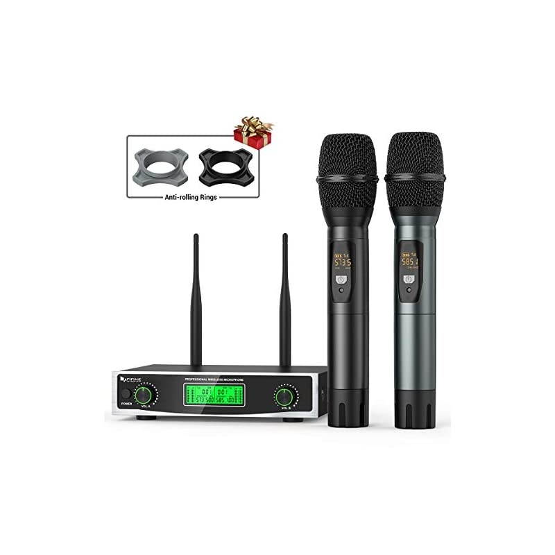 Wireless Microphone System Two Handheld Dynamic Cordless Mic and Dual Channel Receiver 50 Selectable UHF Frequency for Karaoke Singing PartyChurchDJWeddingSchool PresentationK040