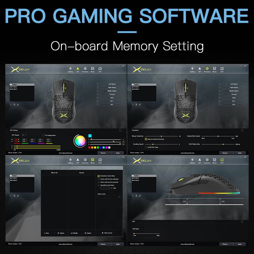 DELUX Lightweight Gaming Mouse(2.36g/67g) with Lightweight Honeycomb Shell Design, Ultralight Ultraweave Cable and 7 Programmable Buttons, 16000 DPI RGB Optical Mice (M700BU(3389)-Black)