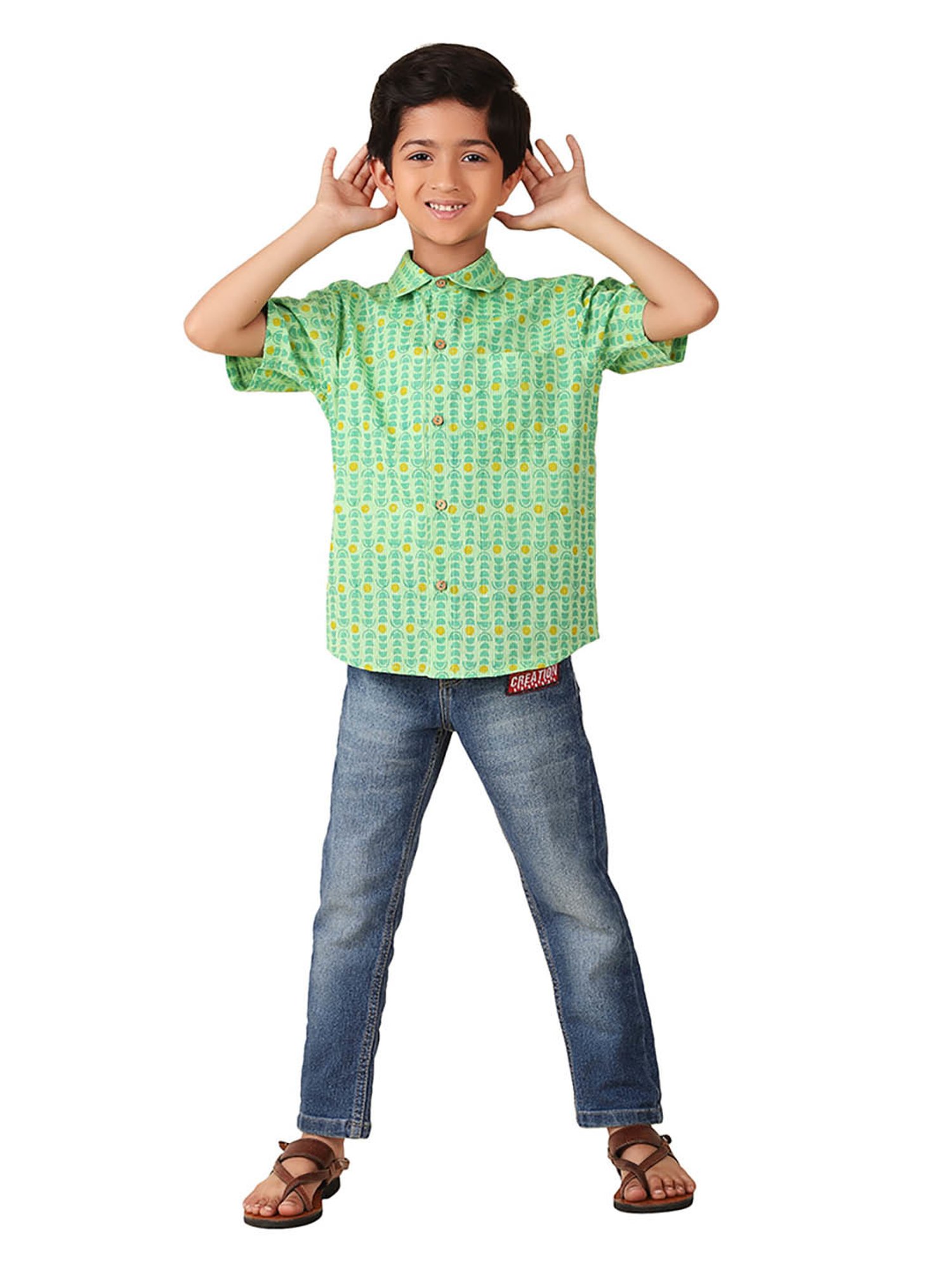 Fabindia Kids Green Printed Shirt