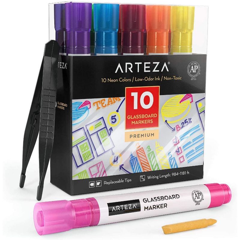 Arteza Washable Glass Board Markers Set, Assorted Neon Colors, Non-Toxic - 10 Pack (ARTZ-9215)