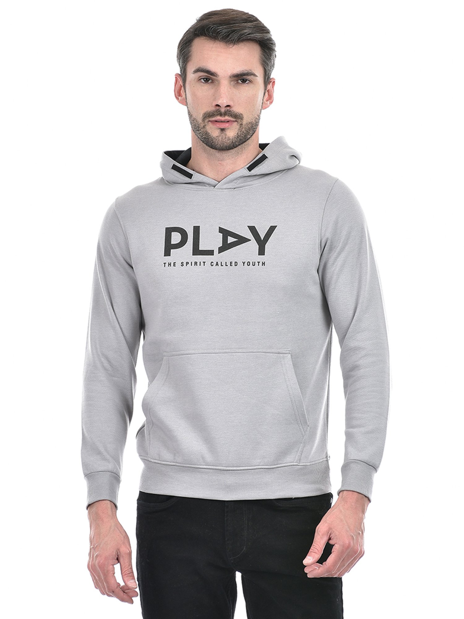 Integriti Grey Melange Regular Fit Printed Hooded Sweatshirt