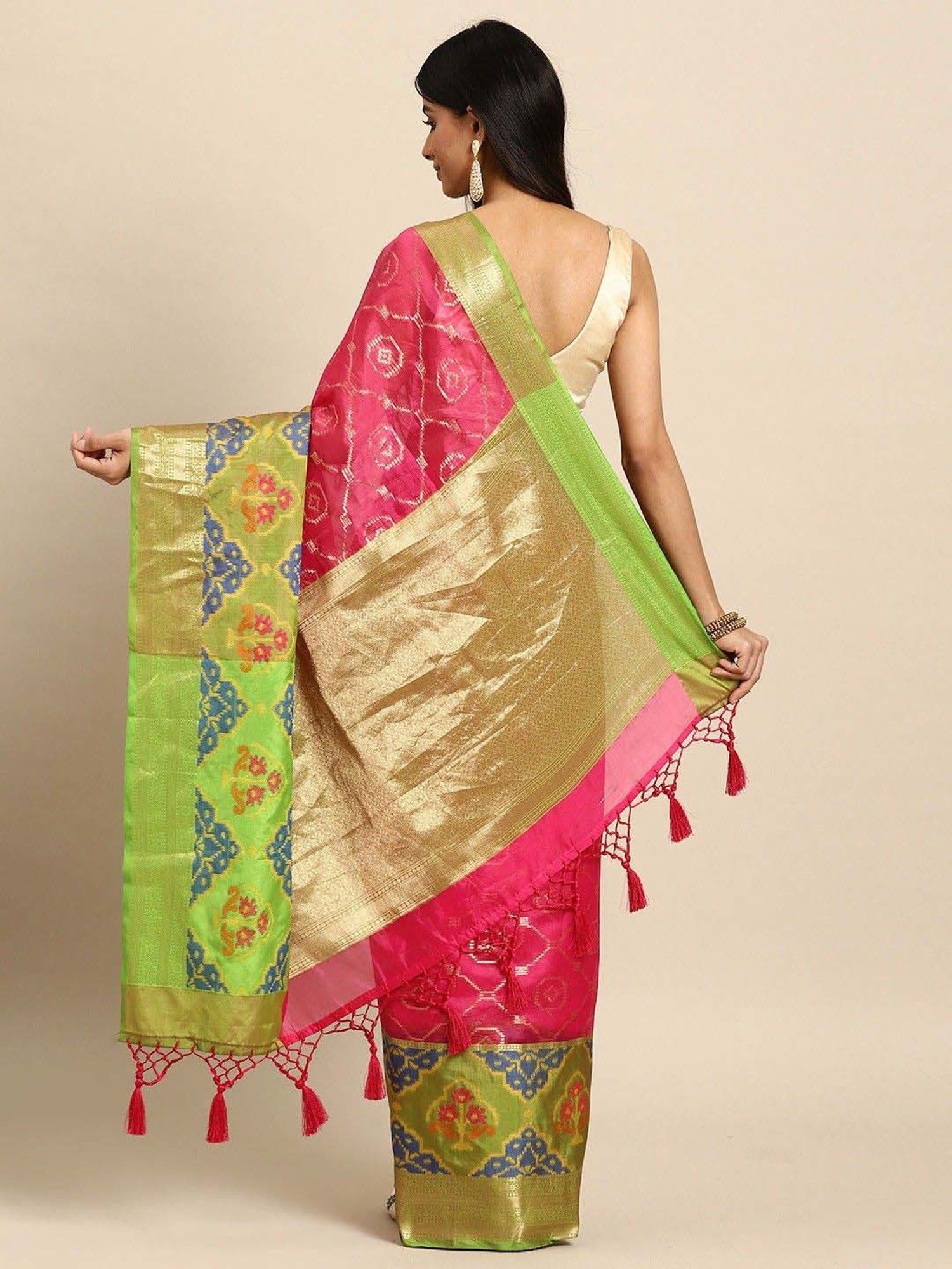 Silk Land Pink & Green Woven Saree With Unstitched Blouse